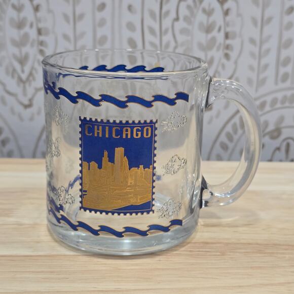 Chicago Skyline Glass Coffee Mug Postage Stamp Gold Navy 3D Touch Windy Clouds - Picture 3 of 8